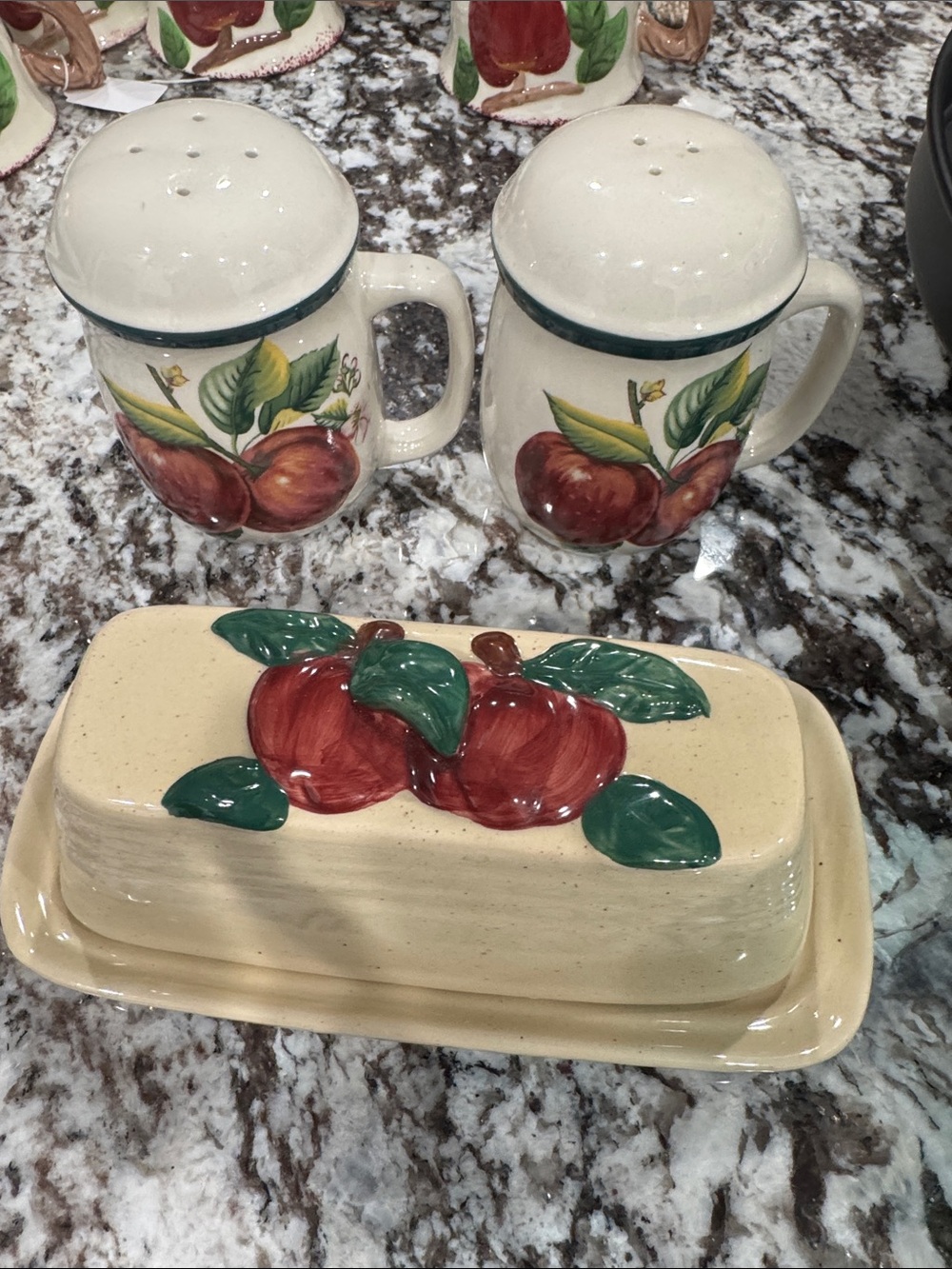 Hand-Painted Apple Ceramic Butter Dish and Salt & Pepper Shakers